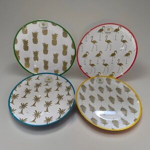 Tar Hong Melamine Plates Set (4) Summer Pineapple Palm Trees Flamingo Leaf Print